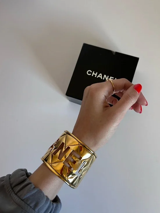 CHANEL Gold Quilted Logo Cutout Wide Cuff Bracelet RARE/COLLECTORS PIECE - Picture 2 of 4